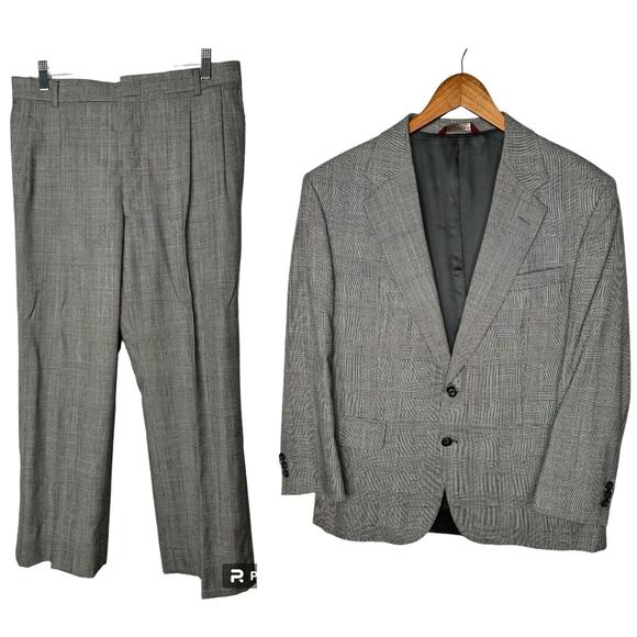 Botany 500 Mens 42R 2 Piece Suit Jacket Wool Blazer Dress Pant 32x30 Plaid Gray - Picture 2 of 14
